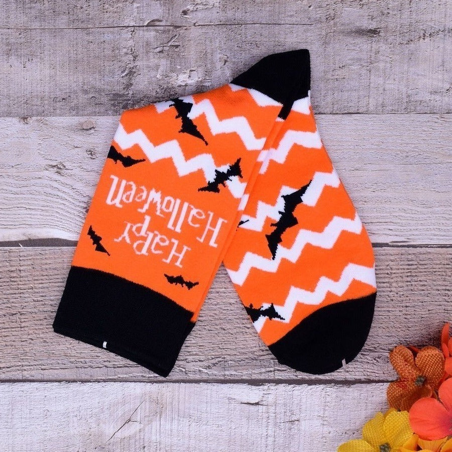 Happy Haunts Halloween Socks White Chevron Black Bats Orange Gift Packaged