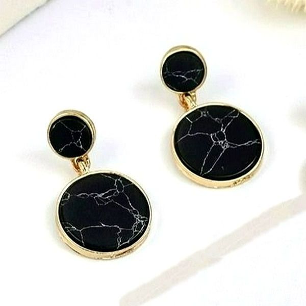 Aidan Esher Black Marbled Flat Circle Dangle Earrings Gift Packaged