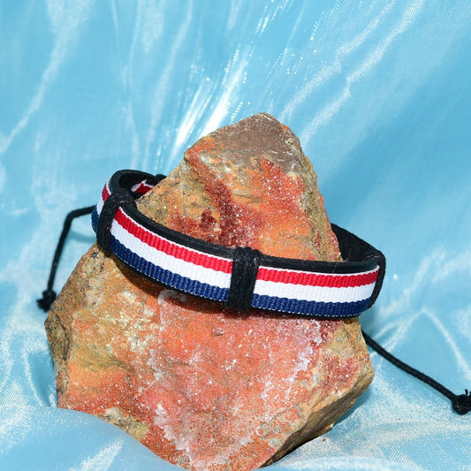 Rey Ribbon Womens Slide Tie Leather Bracelet Red White Blue Stripe Gift Packaged