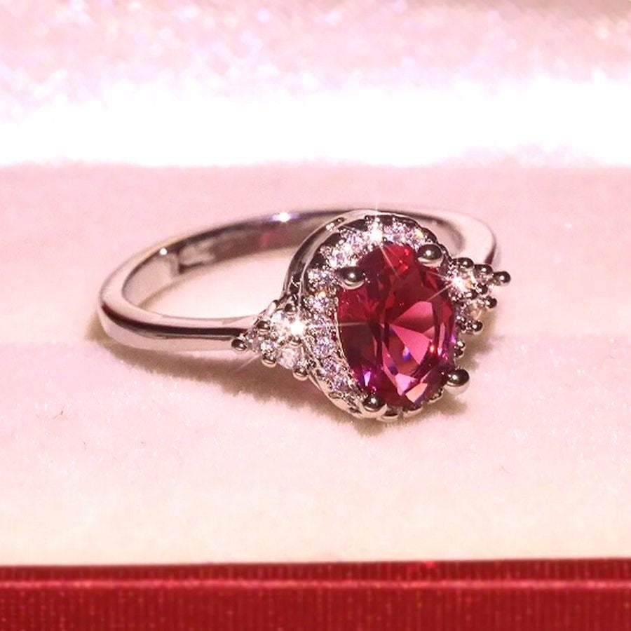 Valentinia Womens Oval Faceted Pink Gemstone Silver Ring