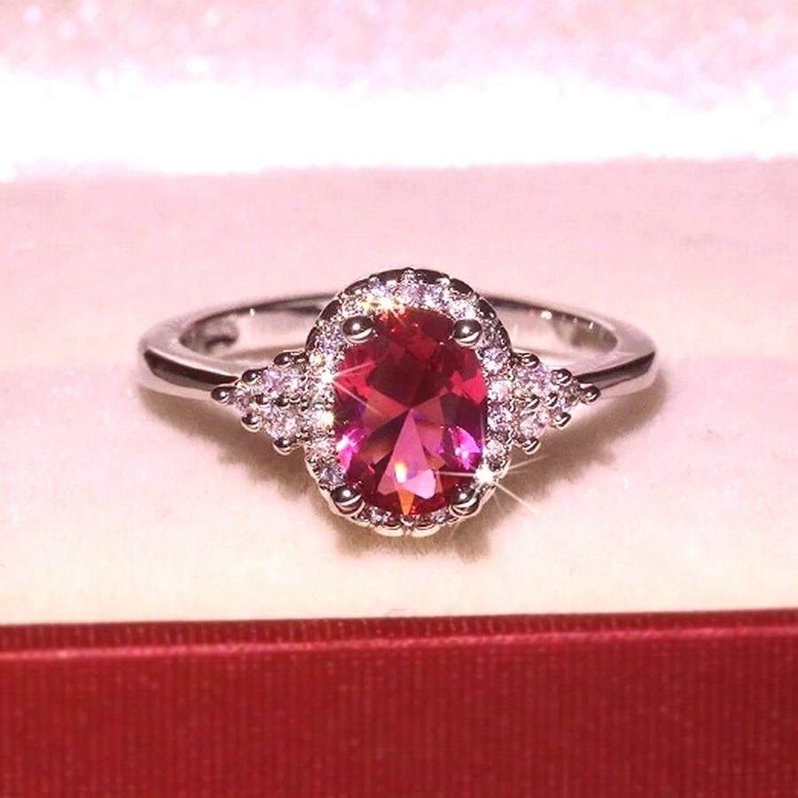 Valentinia Womens Oval Faceted Pink Gemstone Silver Ring