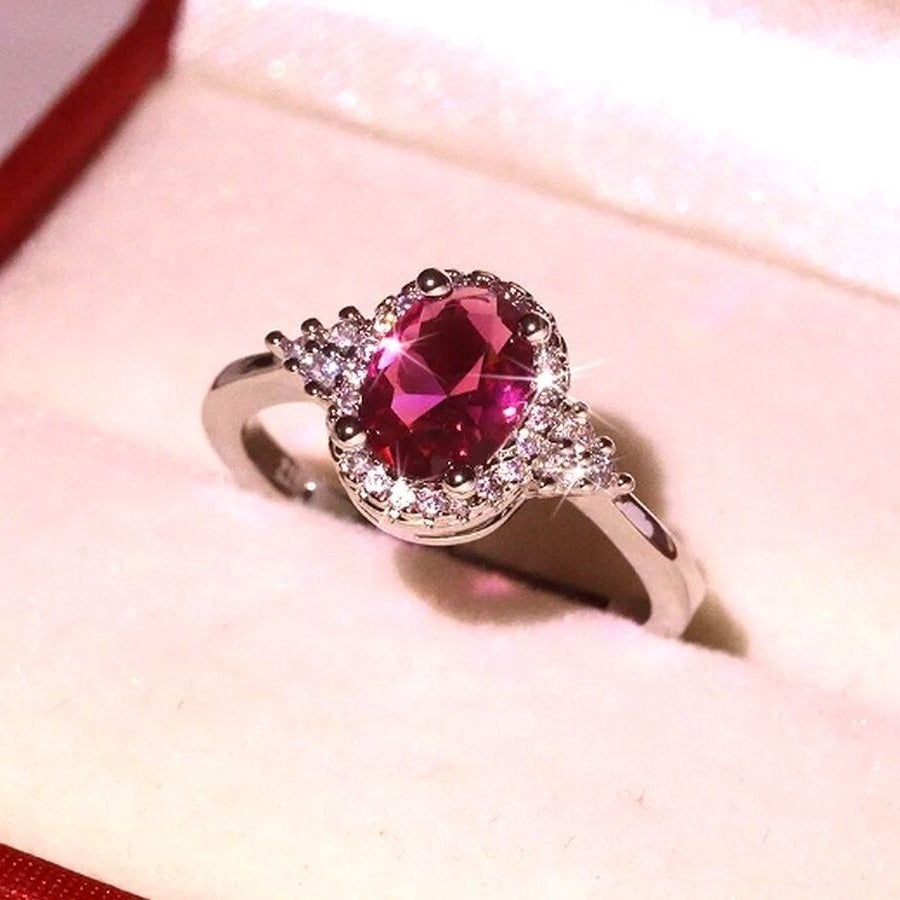 Valentinia Womens Oval Faceted Pink Gemstone Silver Ring
