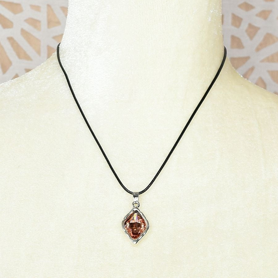 Lexie Tourmaline Pink Rhombus Crystal Charm Pendant Leather Necklace Gift Boxed