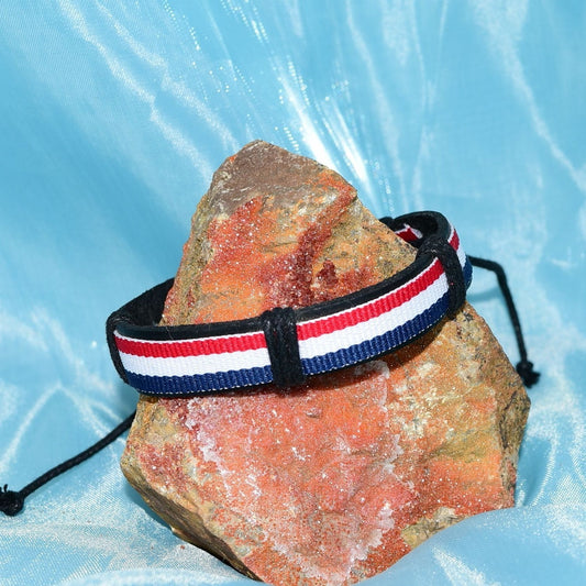 Rey Ribbon Slide Tie Leather Bracelet Red White Blue Stripe Womens Gift Packaged