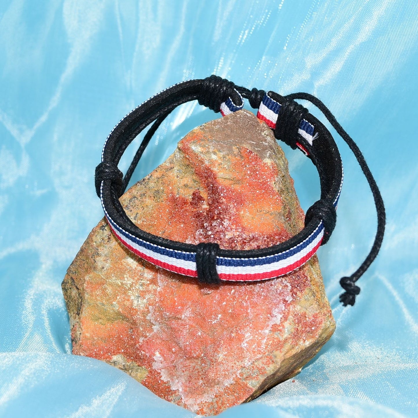 Rey Ribbon Slide Tie Leather Bracelet Red White Blue Stripe Womens Gift Packaged