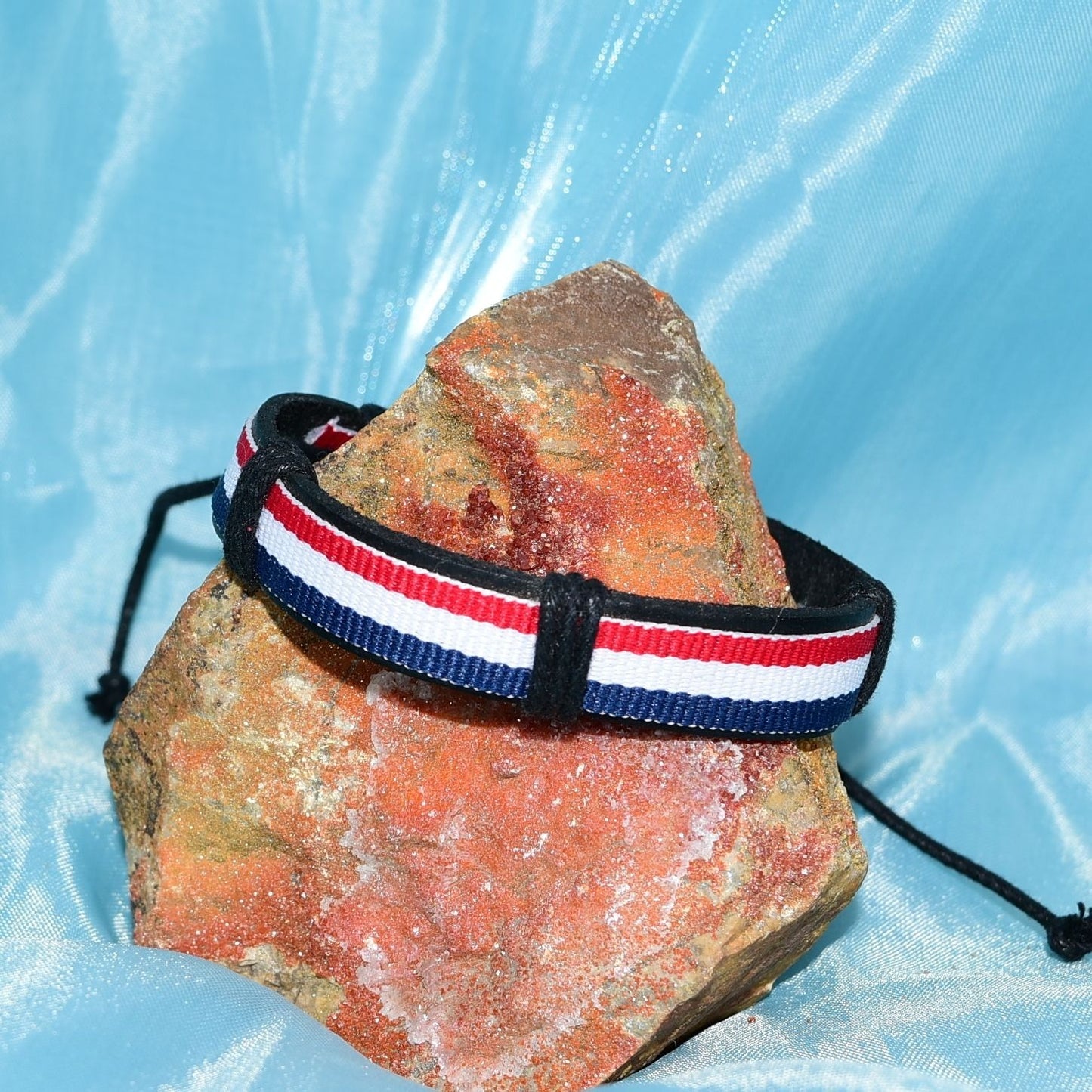 Rey Ribbon Slide Tie Leather Bracelet Red White Blue Stripe Womens Gift Packaged