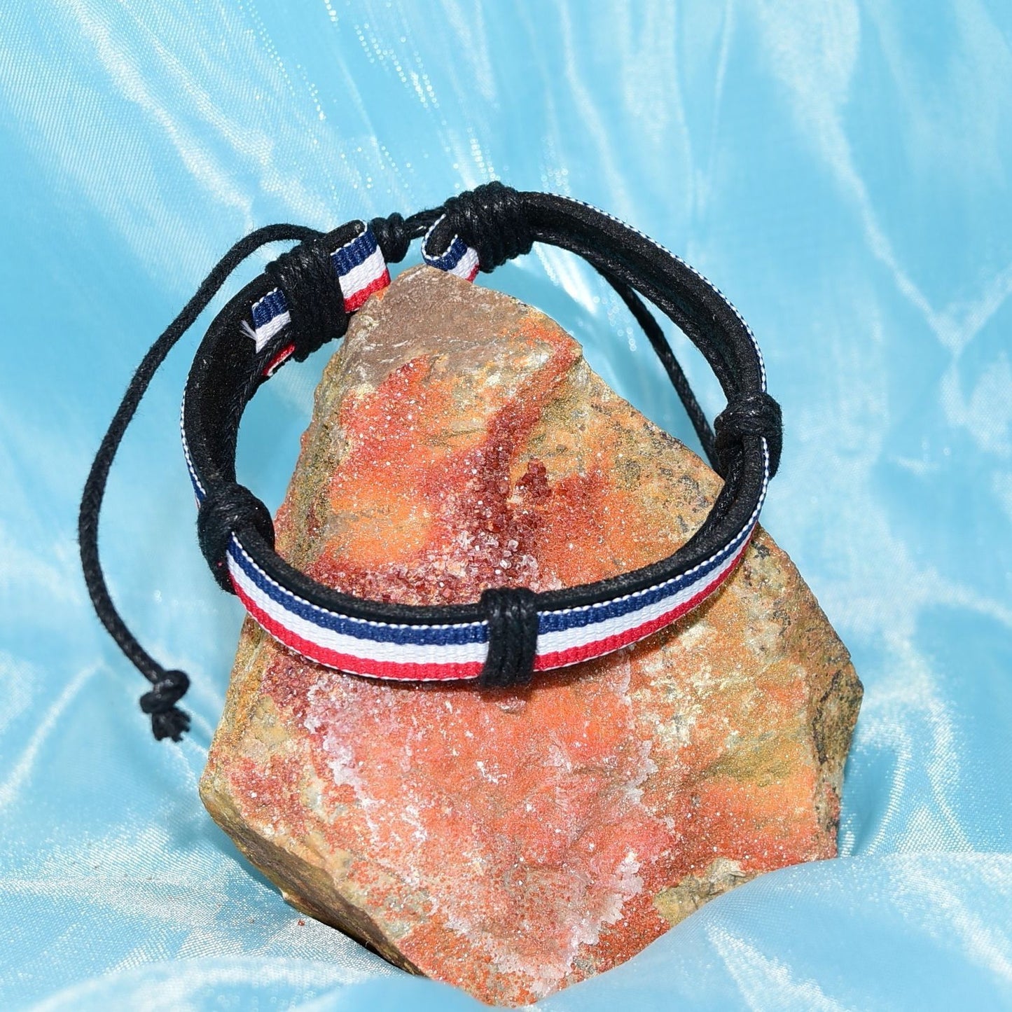 Rey Ribbon Slide Tie Leather Bracelet Red White Blue Stripe Womens Gift Packaged