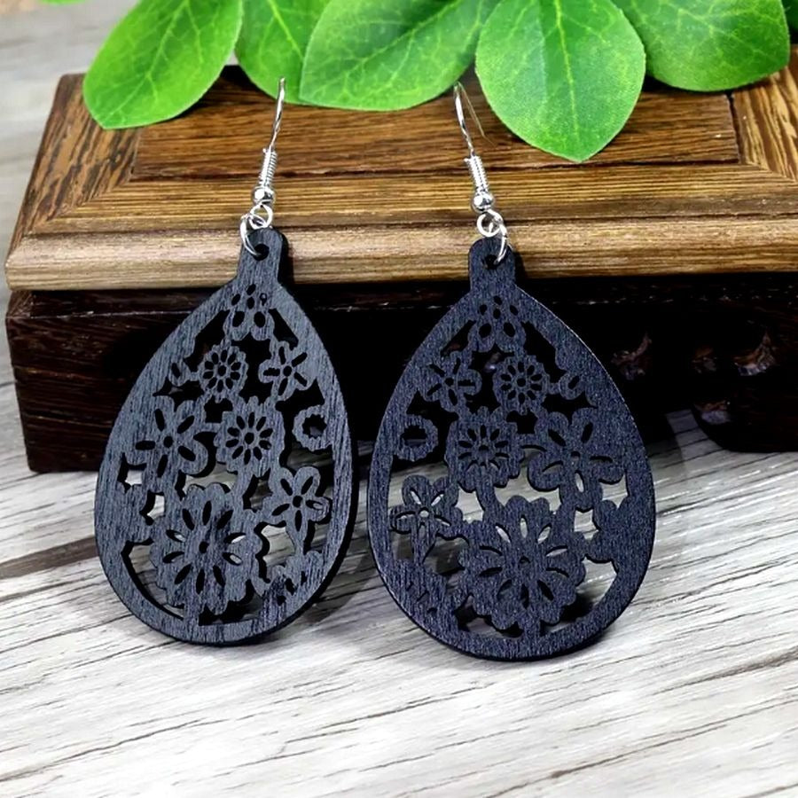 Ellisa Raine Sweet Black Floral Wood Filigree Water Drop Earrings Gift Packaged