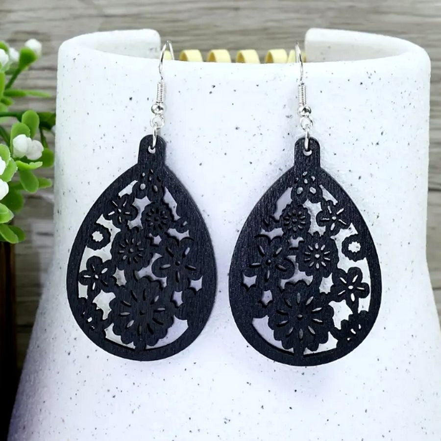 Ellisa Raine Sweet Black Floral Wood Filigree Water Drop Earrings Gift Packaged