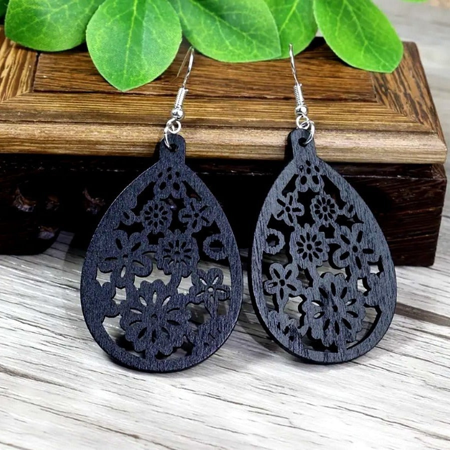 Ellisa Raine Sweet Black Floral Wood Filigree Water Drop Earrings Gift Packaged