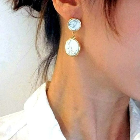Aidan Esher White Marbled Flat Circle Dangle Earrings Gift Packaged