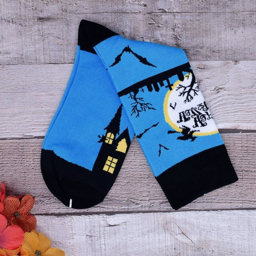 Happy Haunts Halloween Socks Witches Haunted House Blue Black Gift Packaged