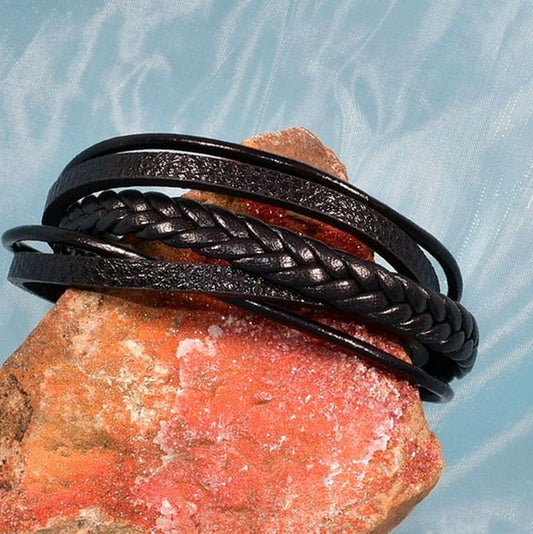 Vault Josef Mens Five Layer Silver Metal Clasp Leather Bracelet Black Gift Boxed