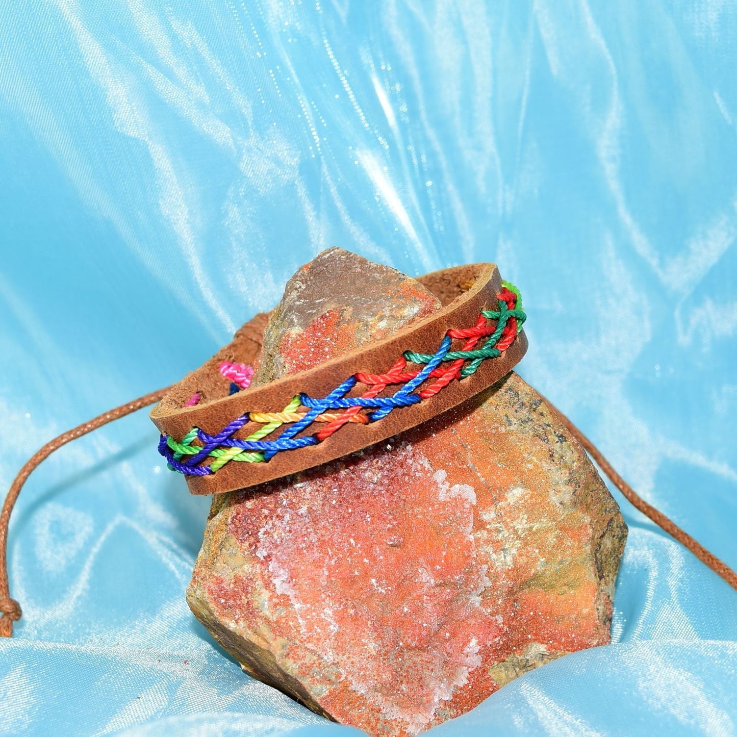 Caz Punch Cross Stitch Leather Bracelet Red Blue Green Brown Gift Boxed