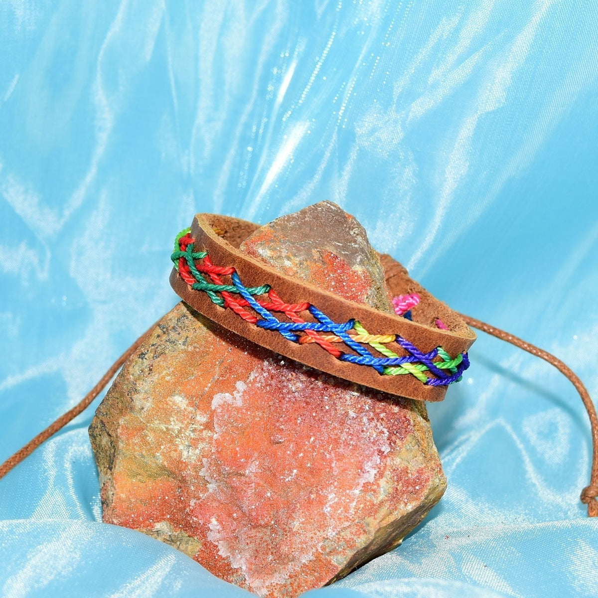 Caz Punch Cross Stitch Leather Bracelet Red Blue Green Brown Gift Boxed