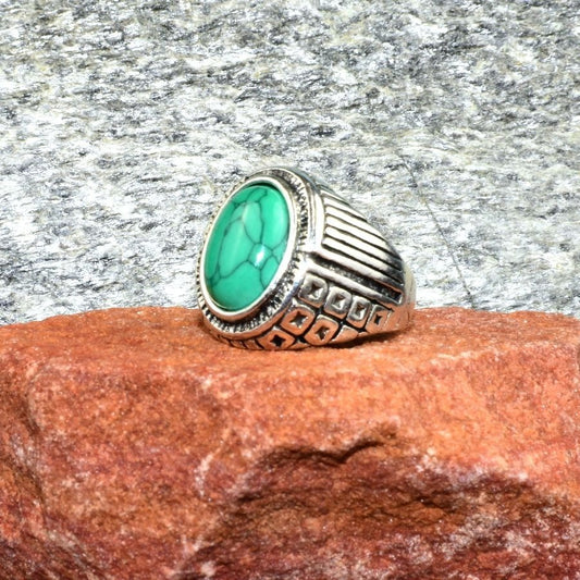 Koda Liam Mens Etched Silver Ring Green Turquoise Simulate