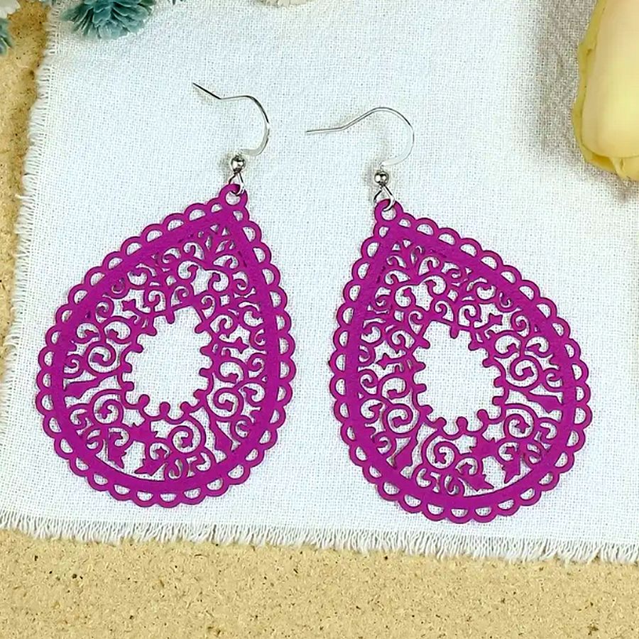 Ophelia Filigree Teardrop Water Drop Dangle Earrings Purple Plum Gift Packaged