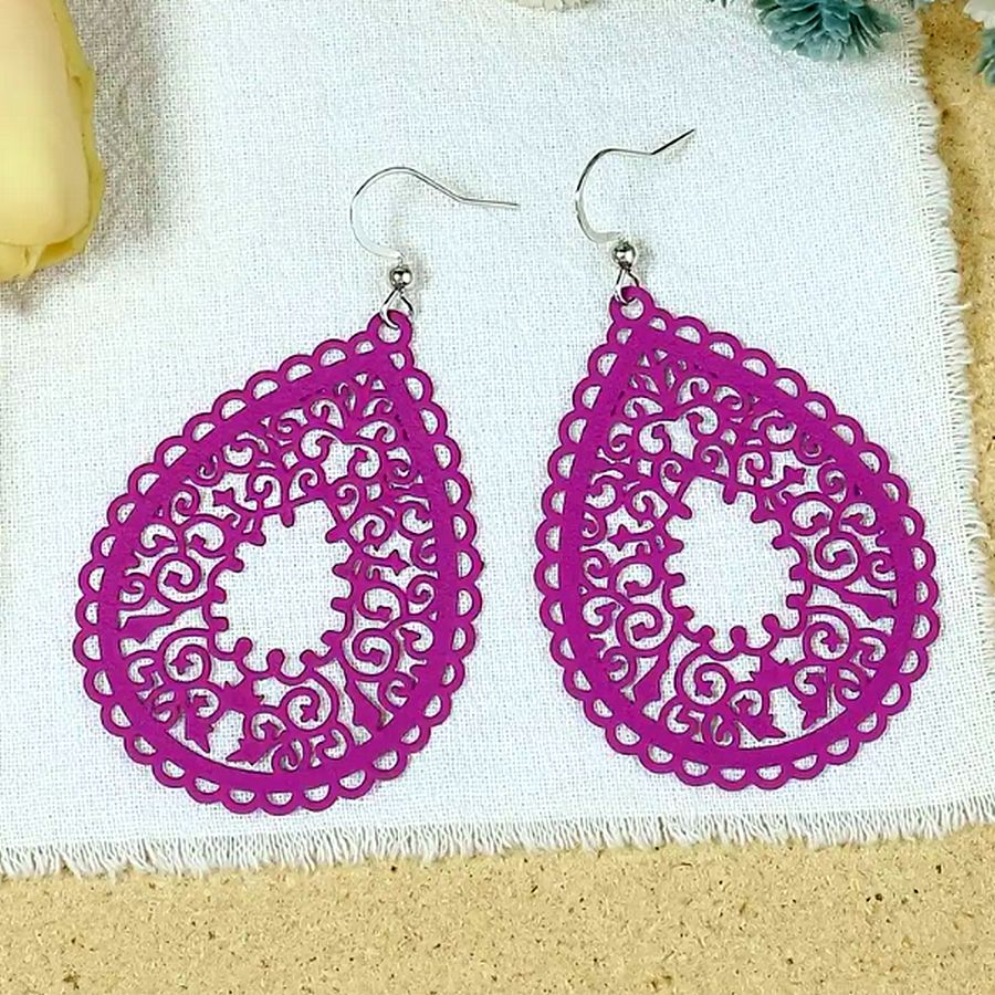 Ophelia Filigree Teardrop Water Drop Dangle Earrings Purple Plum Gift Packaged