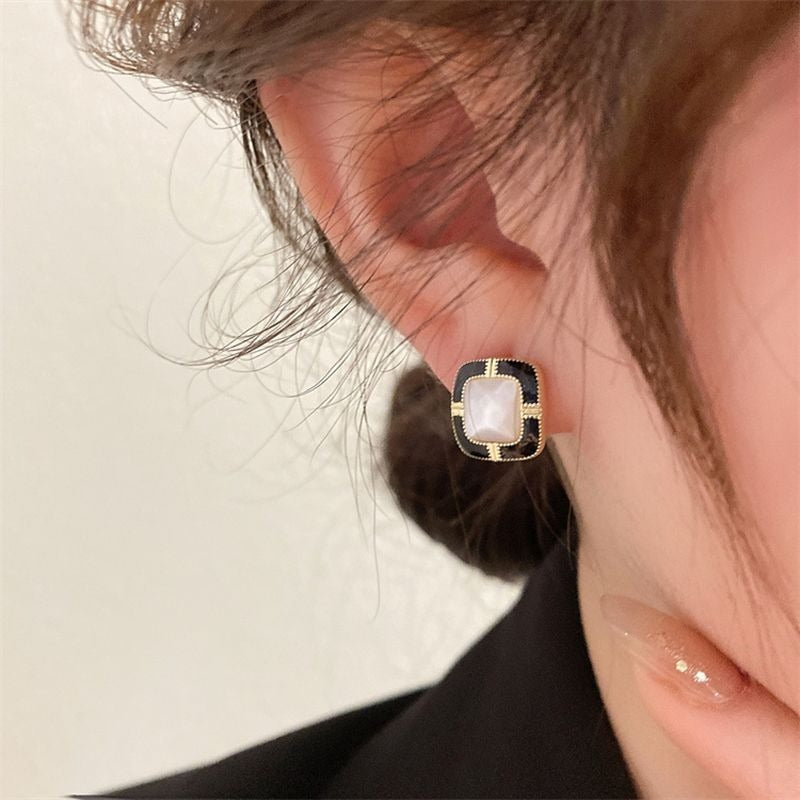 Valeri Ann Elegant Composure Square Stud Earrings Black Cream Gold Gift Packaged