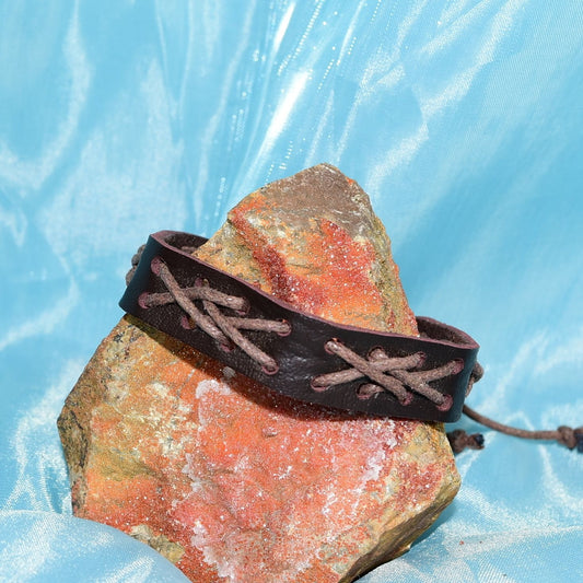 Caz Punch Cross Stitch Leather Bracelet Brown on Brown Gift Packaged