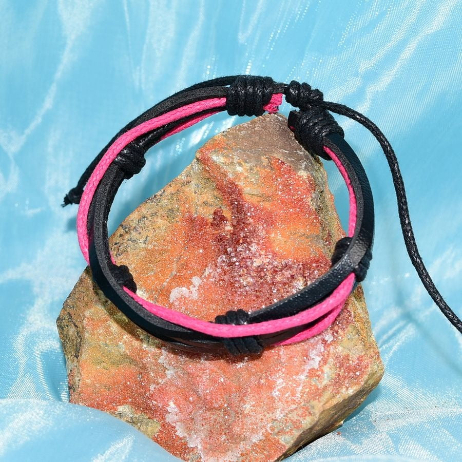 Aubrey Logan Multi Layer Leather Bracelet Black and Pink Unisex Gift Boxed