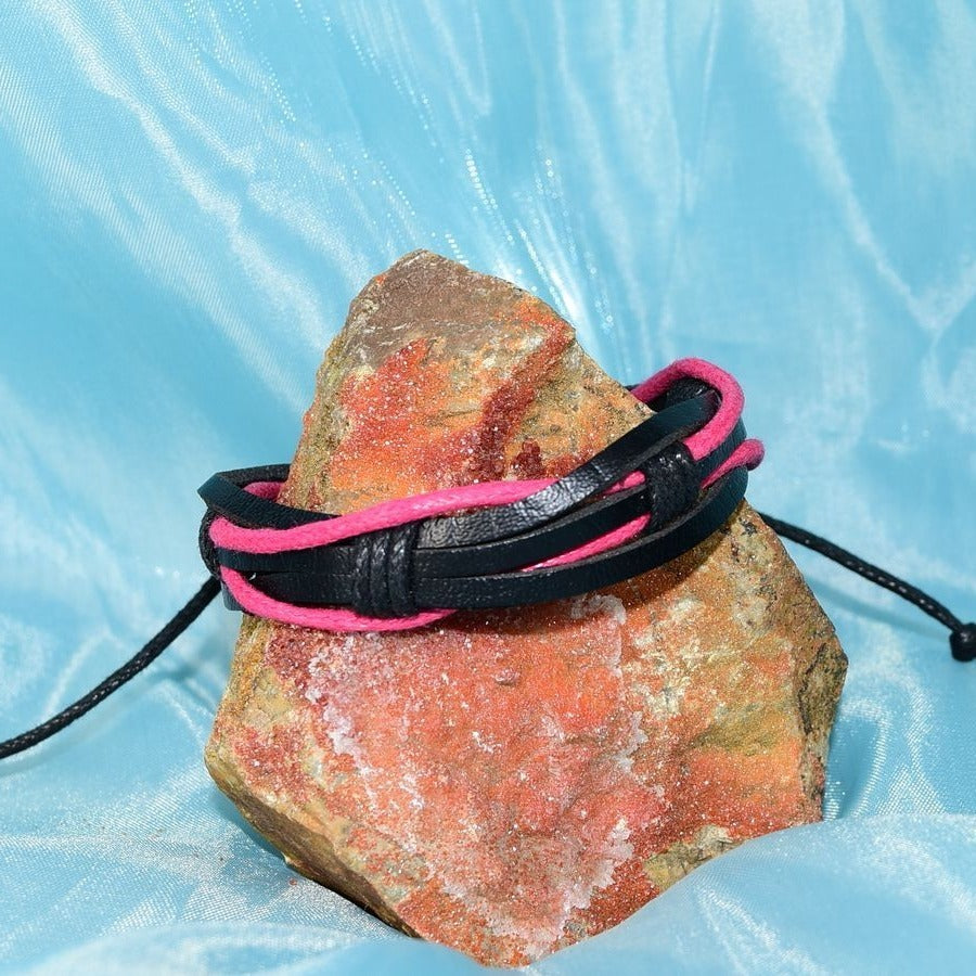 Aubrey Logan Multi Layer Leather Bracelet Black and Pink Unisex Gift Boxed