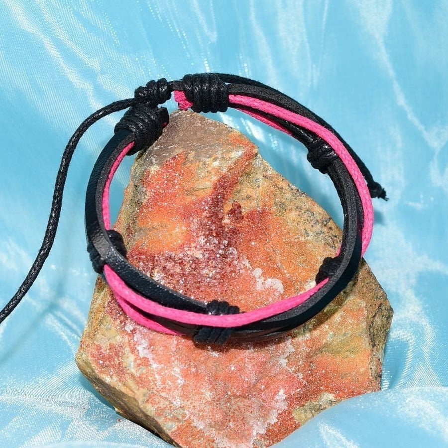 Aubrey Logan Multi Layer Leather Bracelet Black and Pink Unisex Gift Boxed