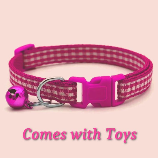 Jamie Jase Fuschia Gingham Plaid Bell Accented Cat Collar with Toys Gift Package