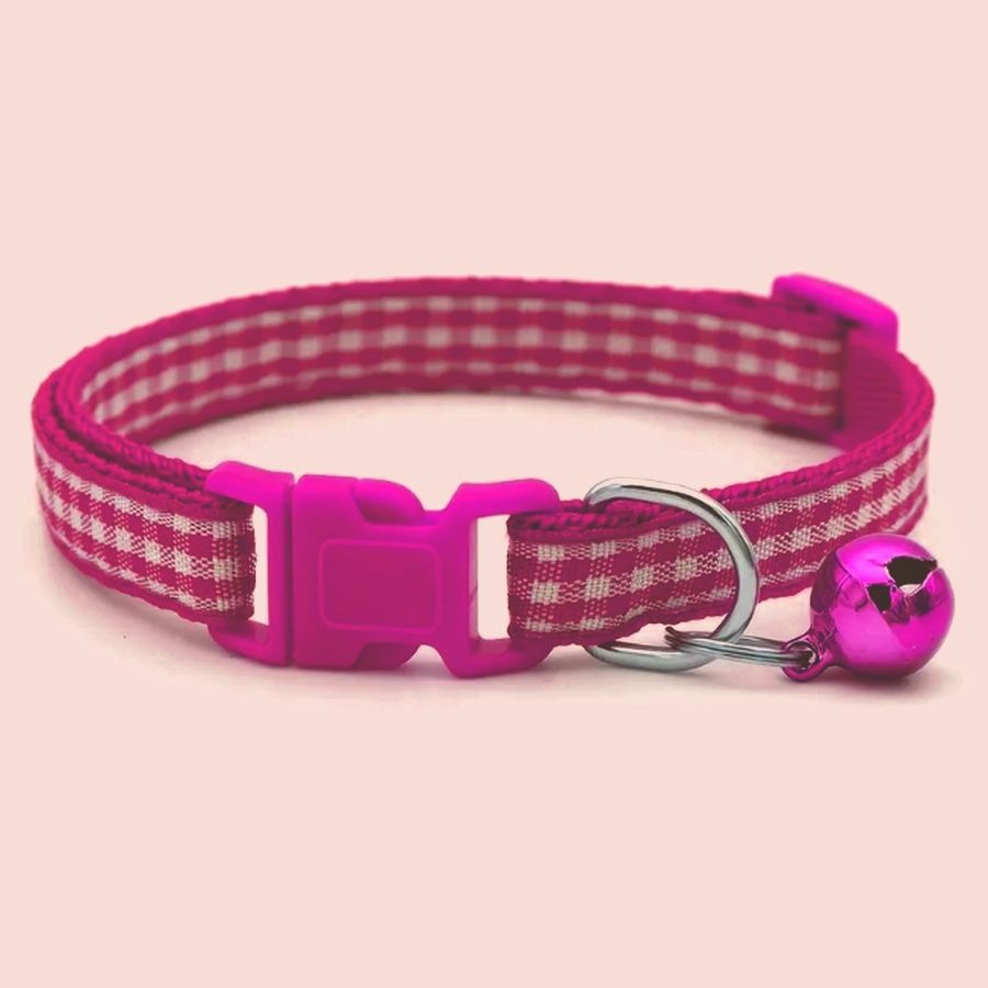 Jamie Jase Fuschia Gingham Plaid Bell Accented Cat Collar with Toys Gift Package
