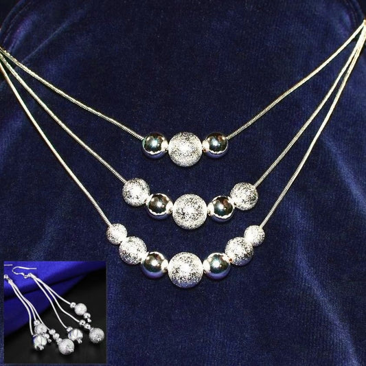 Giavanna Strands 3-Layer Sterling Silver Bead Necklace and Dangle Earrings Gift Set