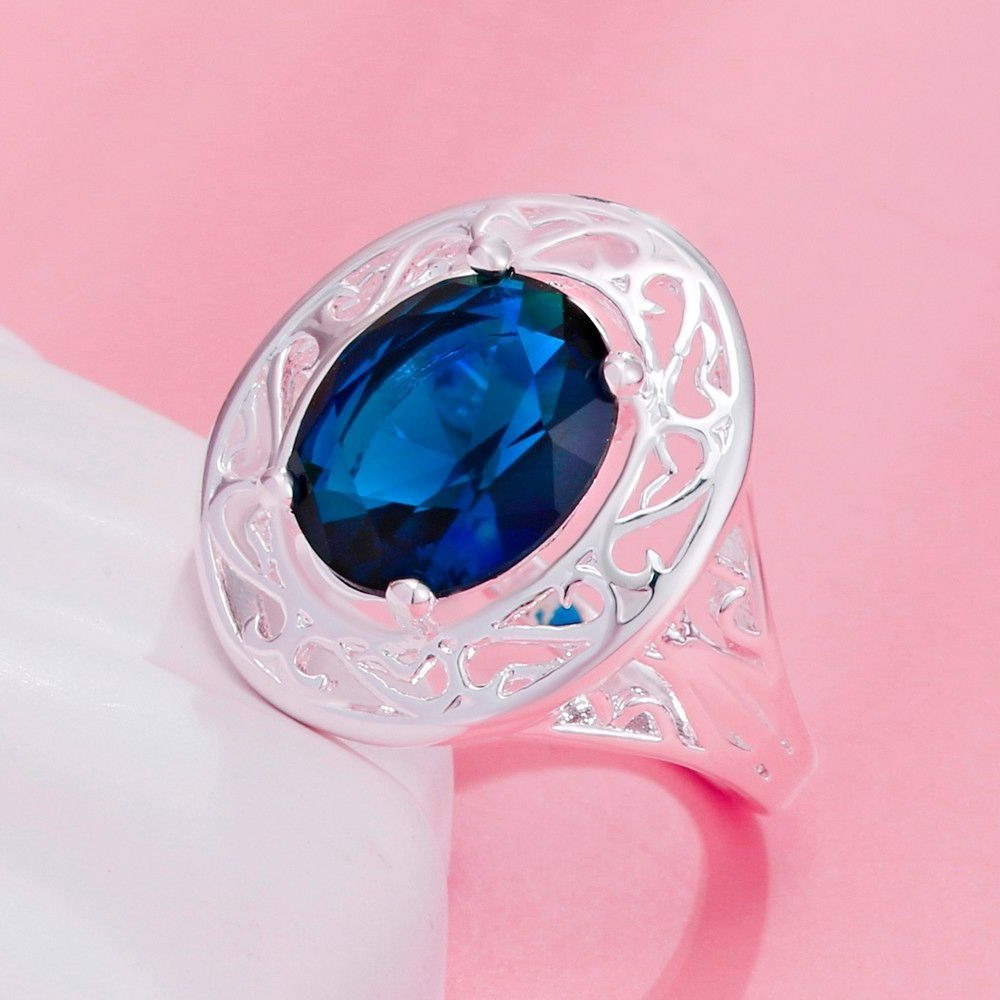 Emma Lynn Sapphire-Blue Crystal Silver Cocktail Ring Size 7.5 Gift Boxed