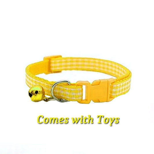Jamie Jase Yellow Gingham Plaid Bell Accented Cat Collar with Toys Gift Package
