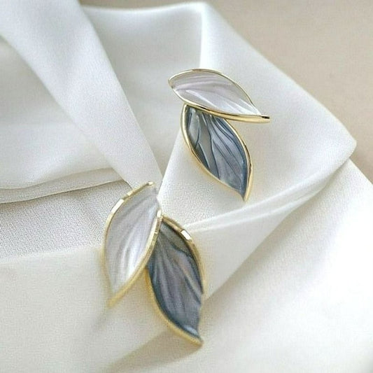 Natalie Elyse Leaf Earrings in Soft Blue and Creamy White on Gold