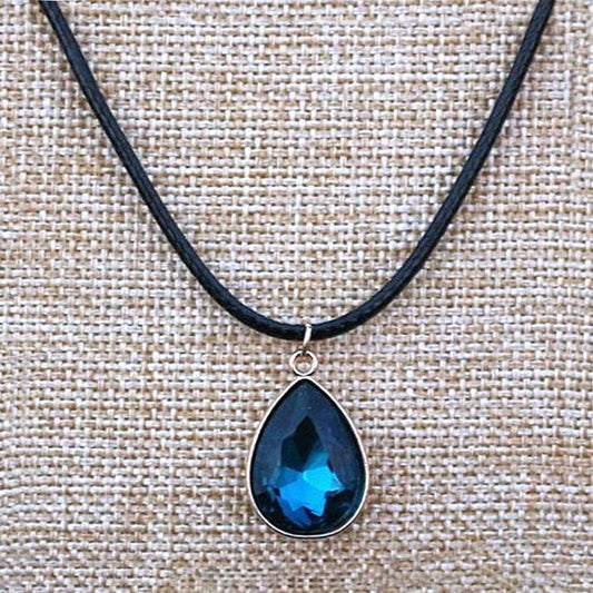 Cara Crystal Blue Water Drop Pendant Braid Leather Chain Necklace