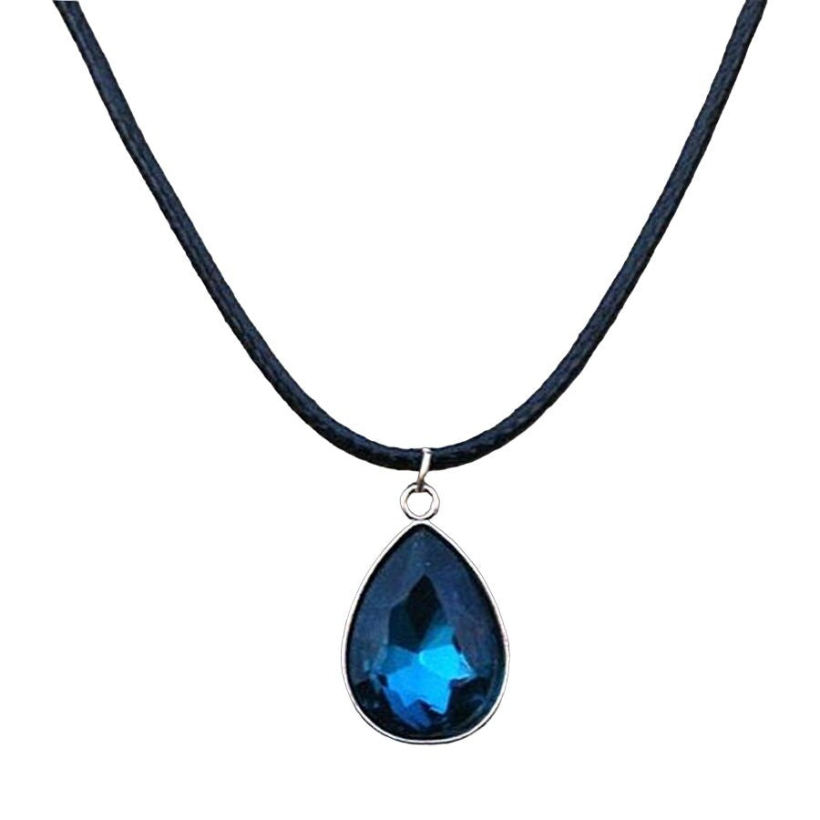 Cara Crystal Blue Water Drop Pendant Braid Leather Chain Necklace