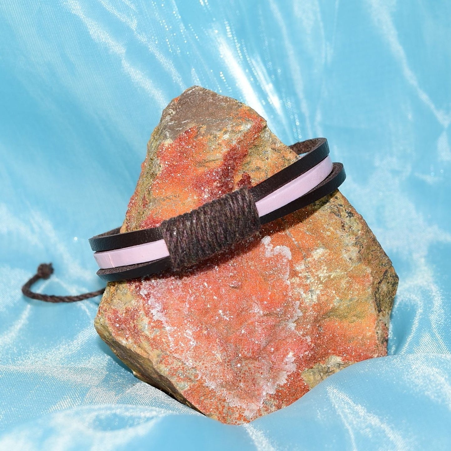 Skye Lane Hemp Accent Boho Tie Leather Bracelet Brown Pink Unisex Gift Boxed
