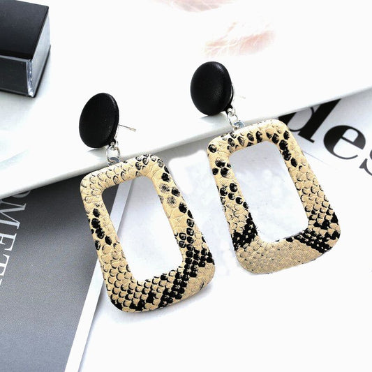 Briella Style Snake Skin Open Square Dangle Earrings Beige Black Gift Packaged