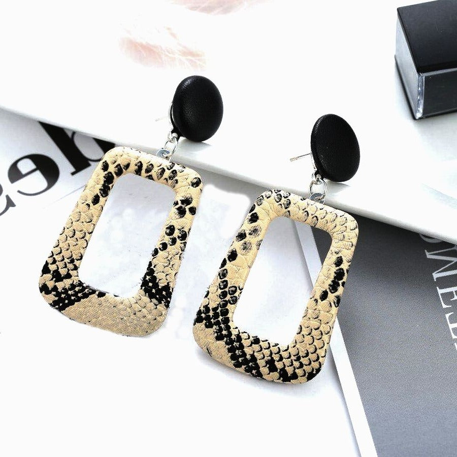 Briella Style Snake Skin Open Square Dangle Earrings Beige Black Gift Packaged
