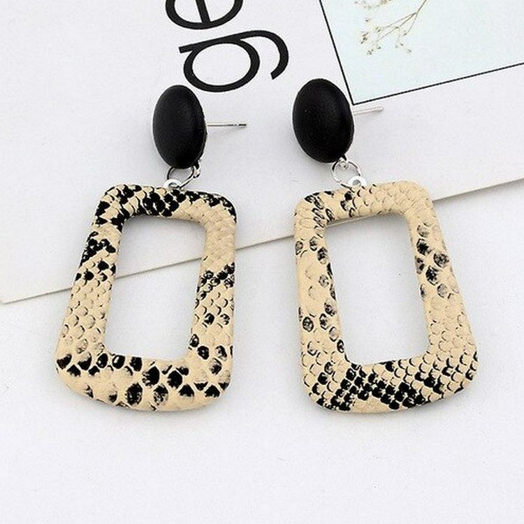 Briella Style Snake Skin Open Square Dangle Earrings Beige Black Gift Packaged