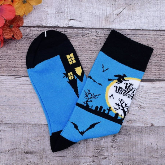 Happy Haunts Halloween Socks Witches Haunted House Blue Black Gift Packaged