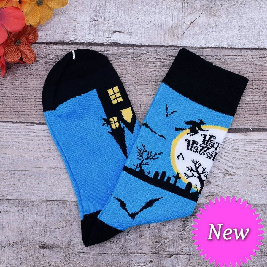 Happy Haunts Halloween Socks Witches Haunted House Blue Black Gift Packaged