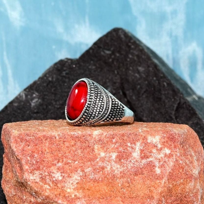 Saddlebred Mens Oval Red Turquoise Etched Silver Ring Size 9