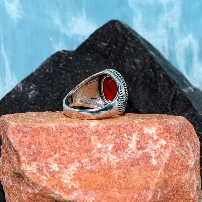 Saddlebred Mens Oval Red Turquoise Etched Silver Ring Size 9