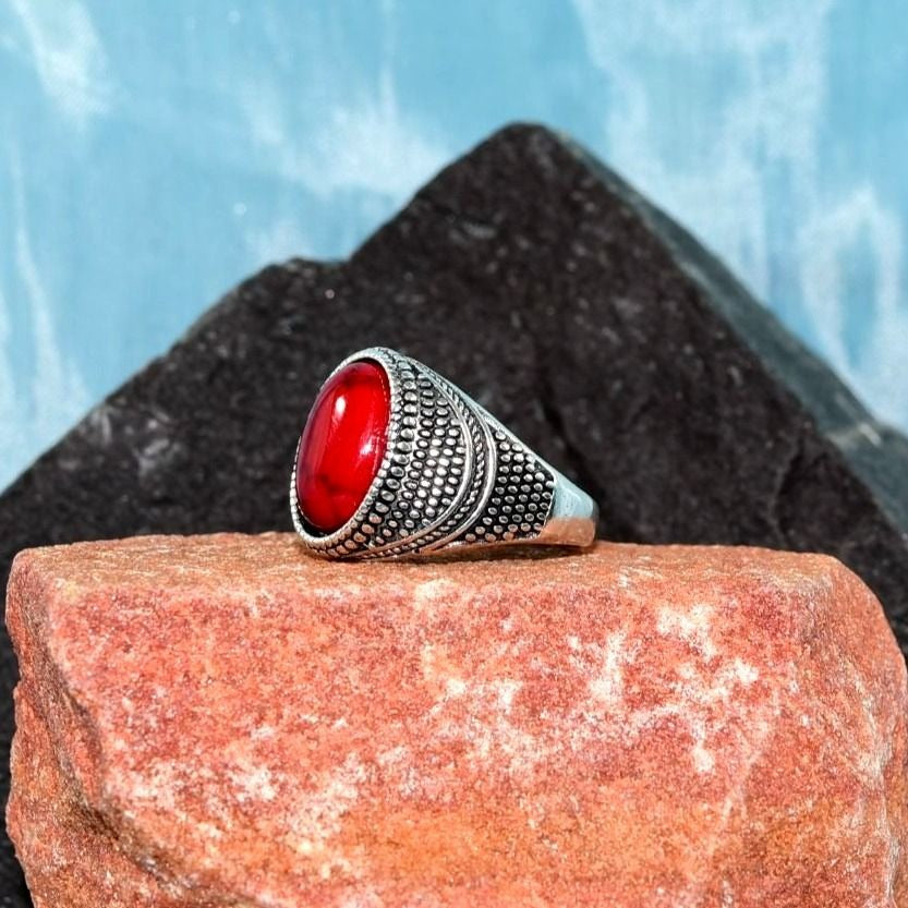 Saddlebred Mens Oval Red Turquoise Etched Silver Ring Size 9