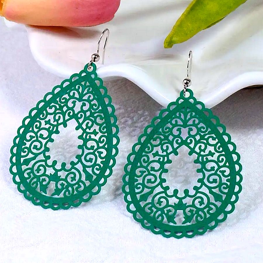 Ophelia Filigree Teardrop Water Drop Dangle Earrings Pine Green Gift Packaged