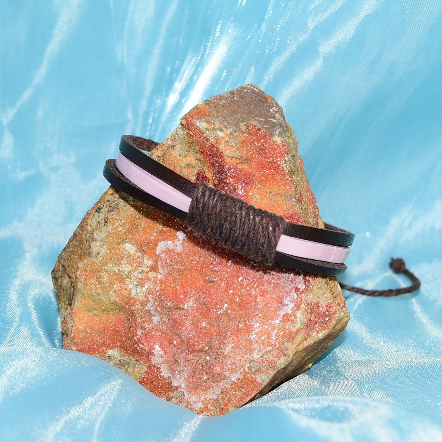 Taylor Lee Hemp Accent Boho Tie Leather Bracelet Brown Pink Gift Packaged