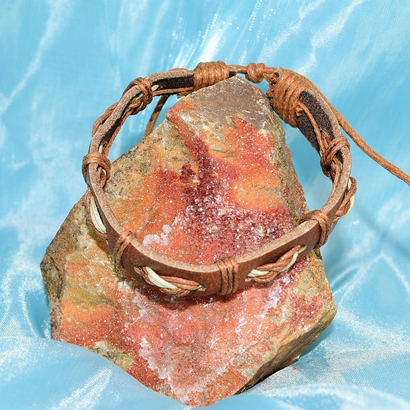 Malik Punch Weave Hemp Leather Bracelet Light Brown Tan Gift Packaged