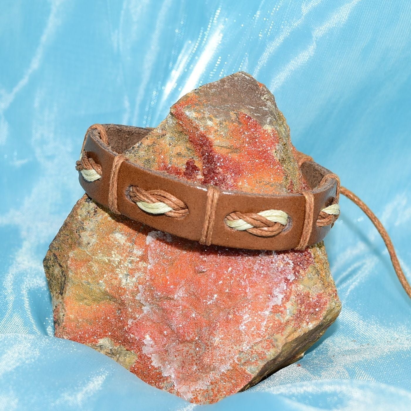 Malik Punch Weave Hemp Leather Bracelet Light Brown Tan Gift Packaged