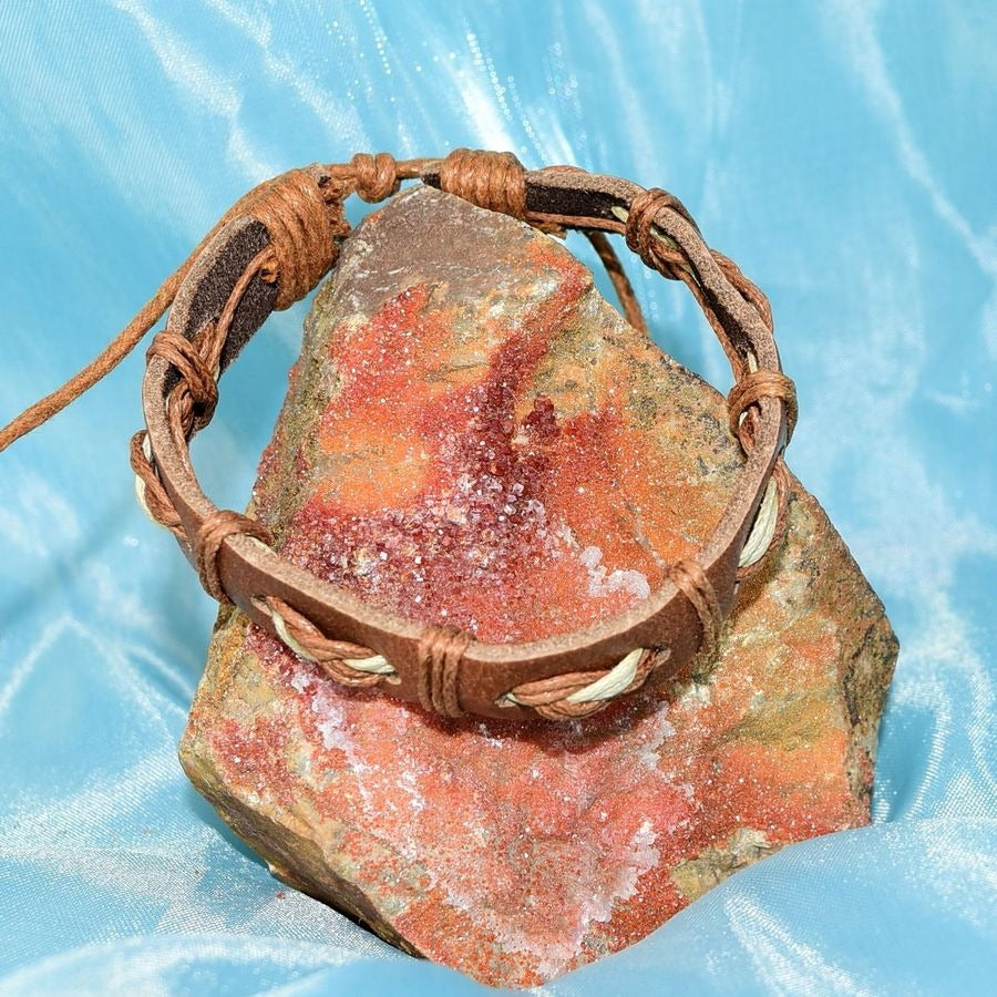 Malik Punch Weave Hemp Leather Bracelet Light Brown Tan Gift Packaged