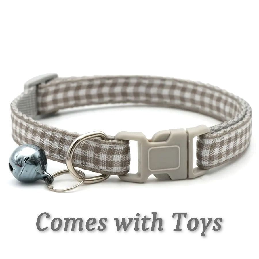 Jamie Jase Khaki Gingham Plaid Bell Accented Cat Collar with Toys Gift Package